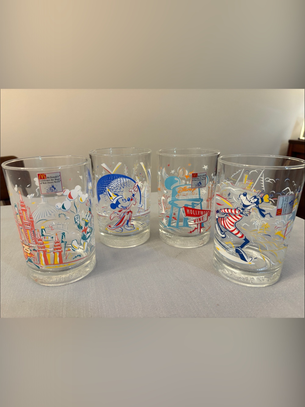 Disney Glass Tumbler Set with Red, Blue, Yellow and White Character Art